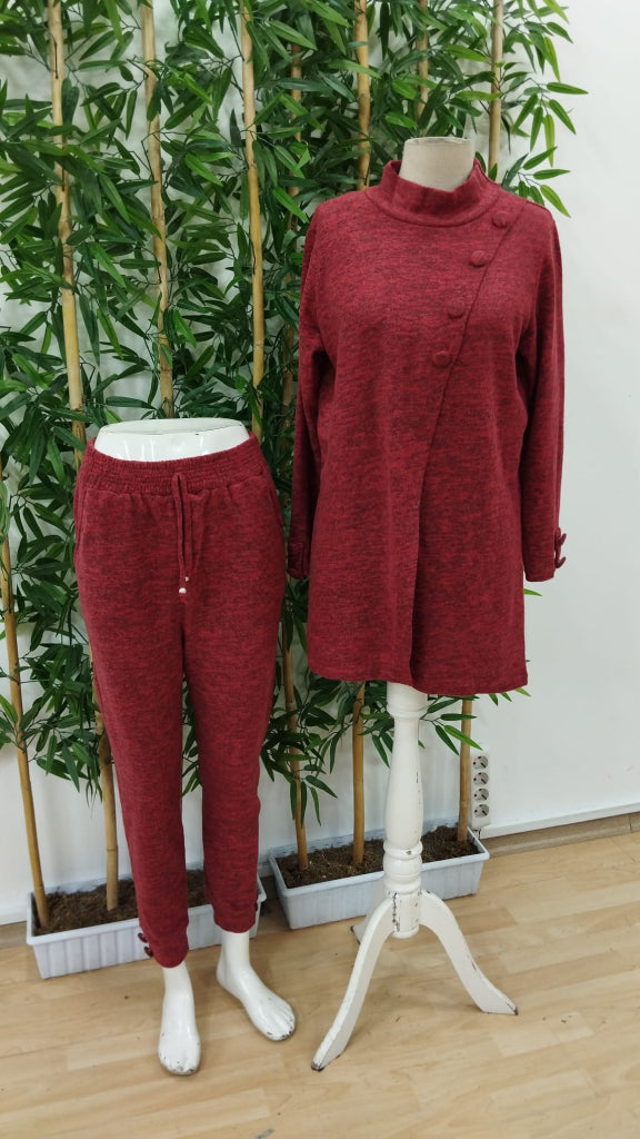 Set pufos din două piese, bluză cu mânecă lungă, guler înalt, cu nasturi în față și pantaloni, pentru femei, 20332