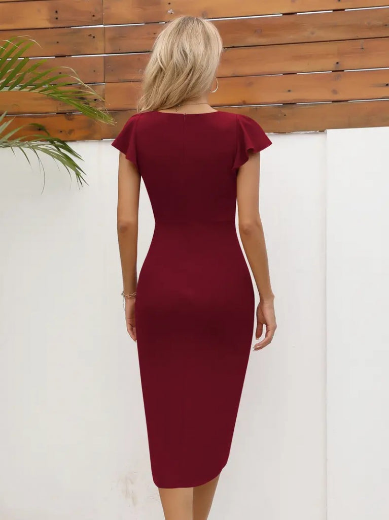 Rochie Midi Damă cu Mânecă Scurtă, Decolteu Inimă, Detalii Cretate Pe Lateral, Din Crep Import, 24541