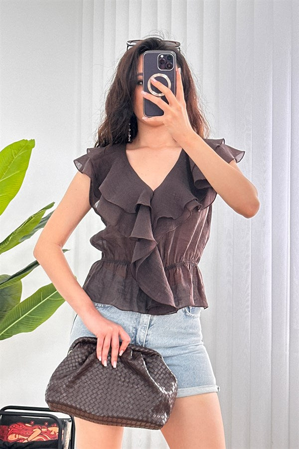 Bluza de Toptan Maro cu Talie Elastic și Franje