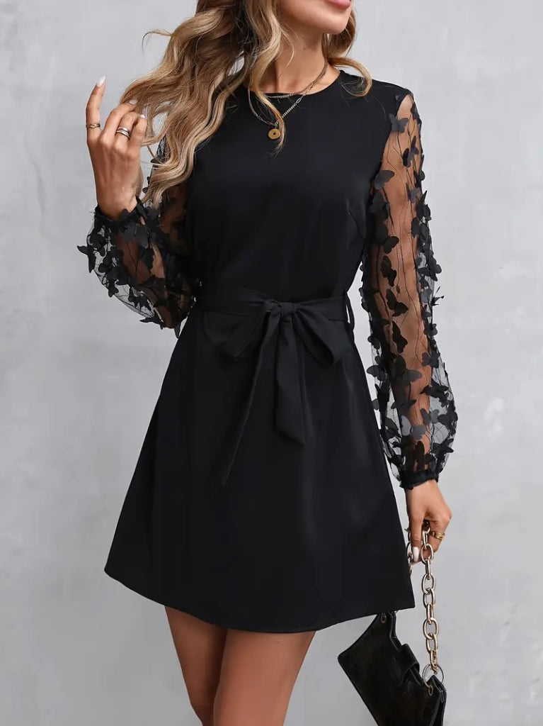 Rochie de damă cu mânecă lungă, guler rotund, mâneci din tul și detalii fluture, rochie din crep importat, 34759