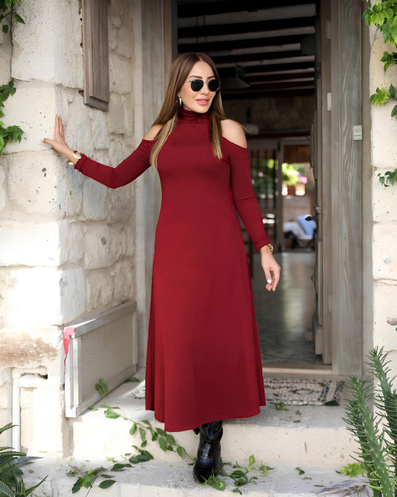 Rochie Lunga Dama din Crep Janjan cu Guler Inalt si Decupaje la Umeri, Maneca Lunga, 28194