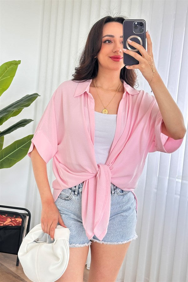 Bluza Kimono de Toptan Roz Basic cu Mânecă Scurtă