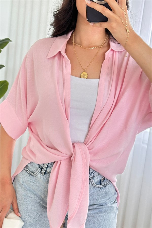 Bluza Kimono de Toptan Roz Basic cu Mânecă Scurtă