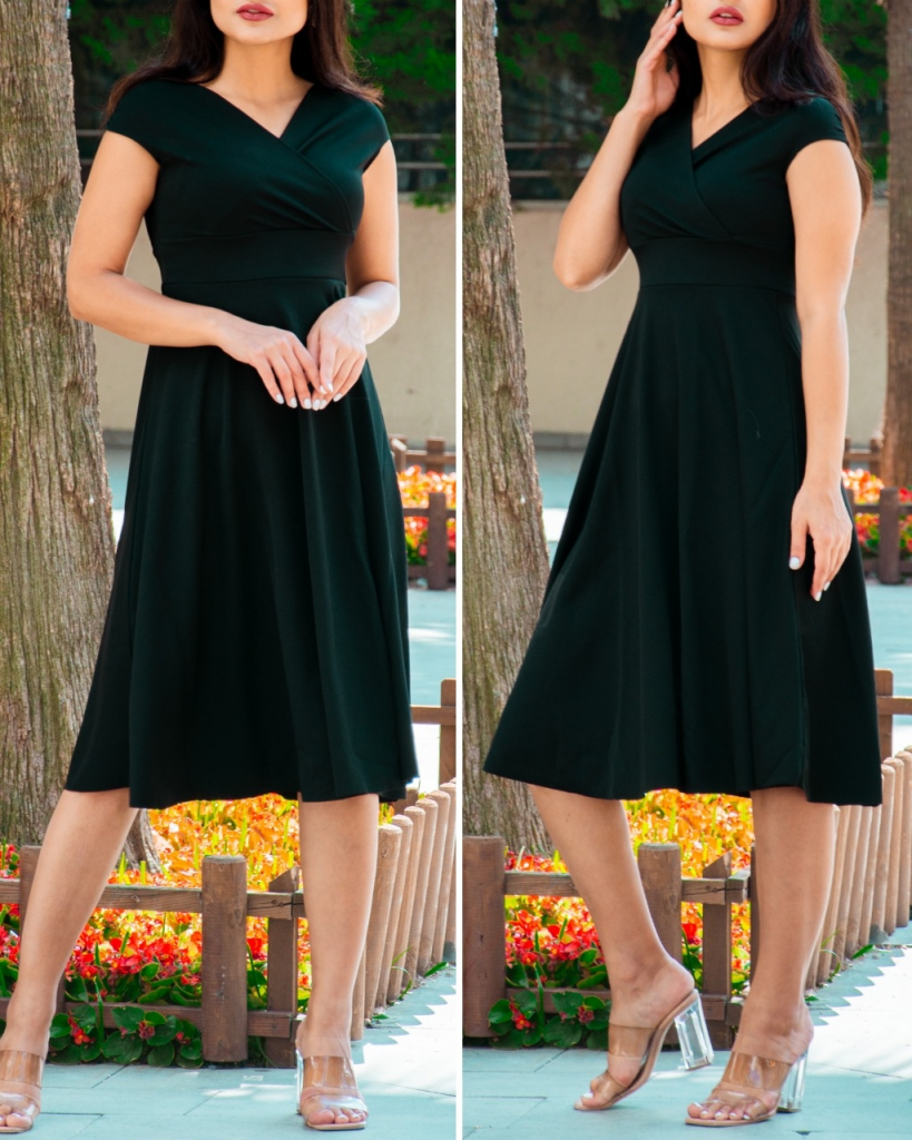 Rochie creponată cu mânecă scurtă, decolteu petrecut și fustă cu volane, 35562