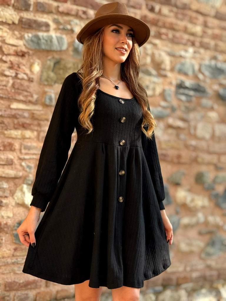 Rochie mini din bumbac plușat cu mâneci lungi, guler pătrat și nasturi pentru femei, 26917