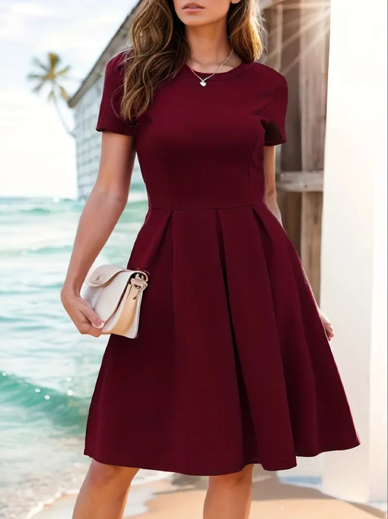 Rochie de damă cu mânecă scurtă, guler rotund, pliuri în față, din crep strălucitor, 23338