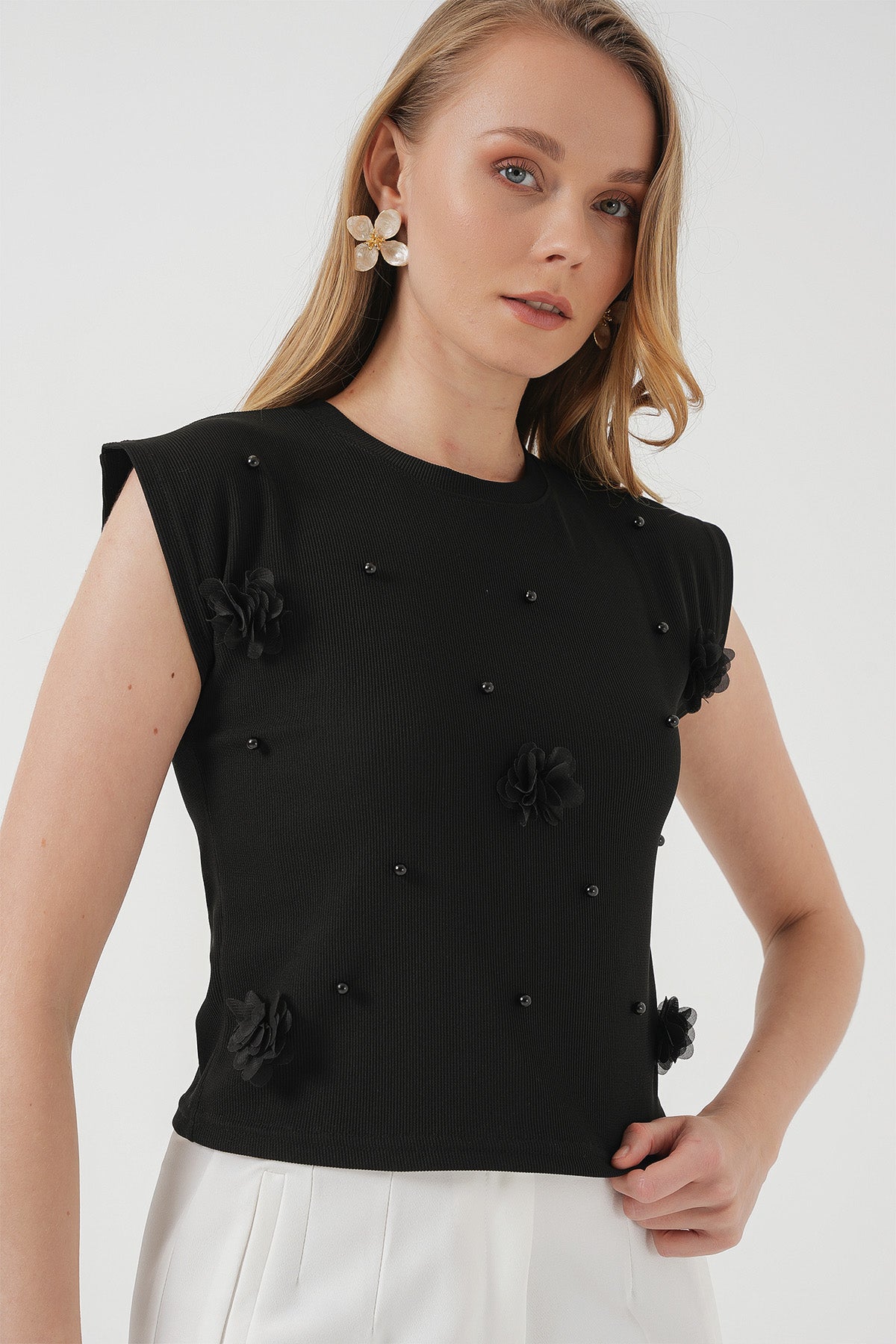 929 Bluză Tricot cu Mânecă Scurtă - Negru