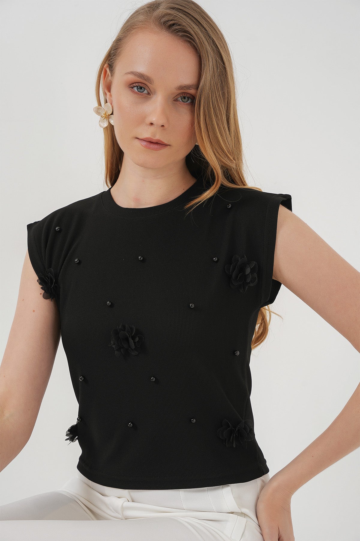 929 Bluză Tricot cu Mânecă Scurtă - Negru