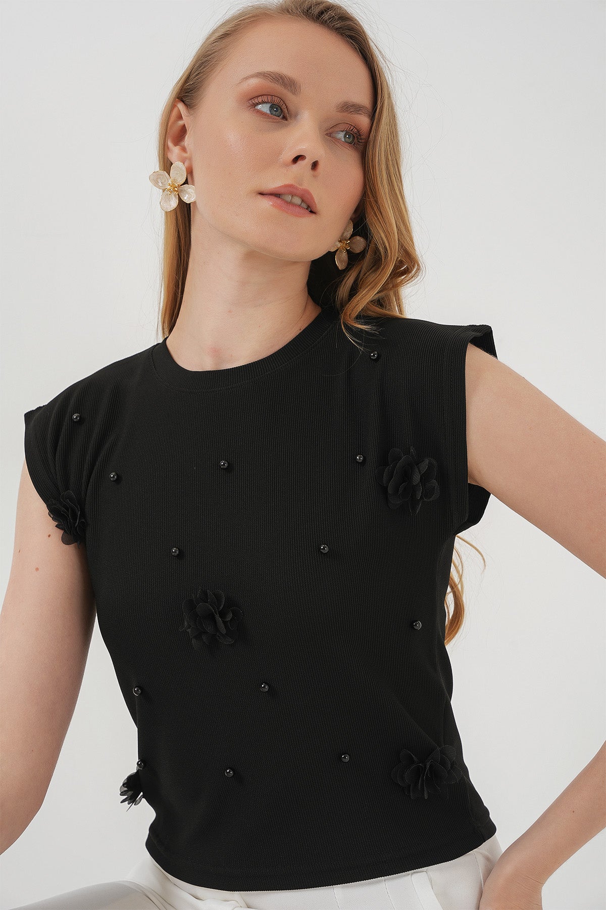 929 Bluză Tricot cu Mânecă Scurtă - Negru