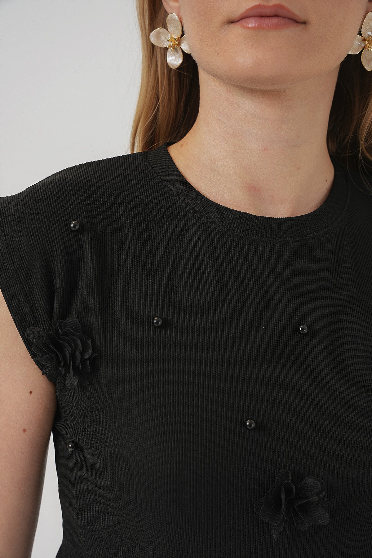 929 Bluză Tricot cu Mânecă Scurtă - Negru