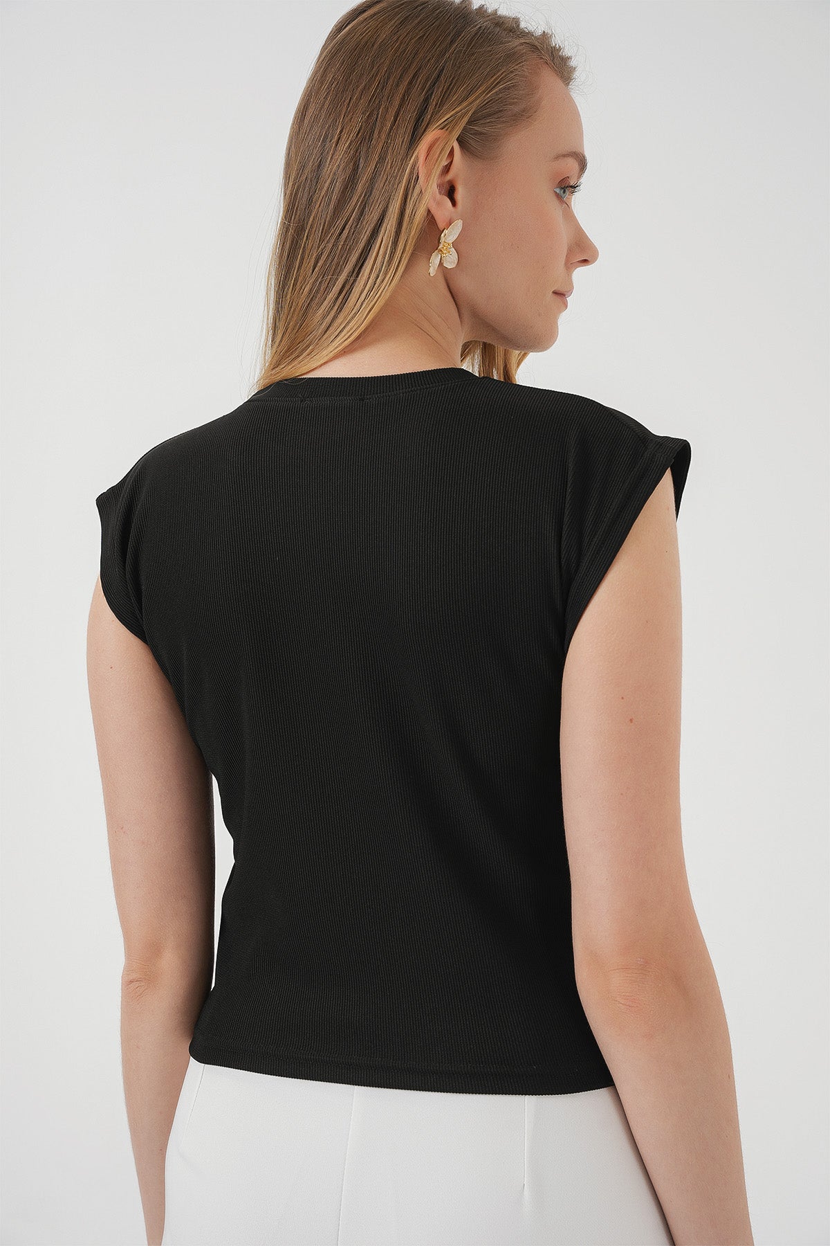 929 Bluză Tricot cu Mânecă Scurtă - Negru
