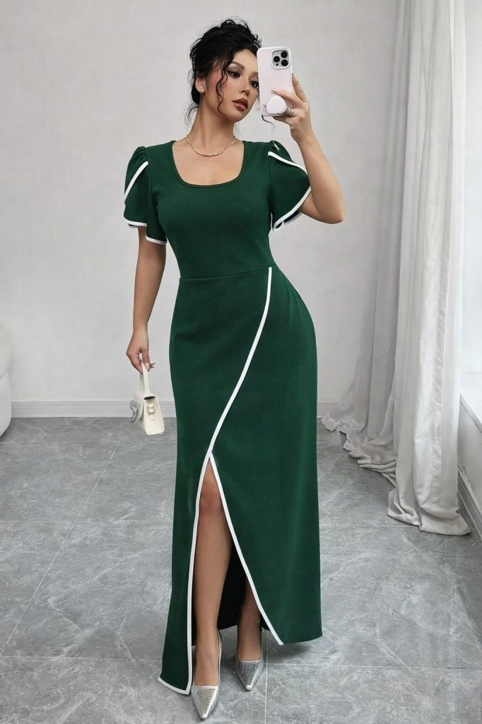 Rochie de damă din crep cu mânecă scurtă și decolteu pătrat, cu decupaj încrucișat în față, 31404