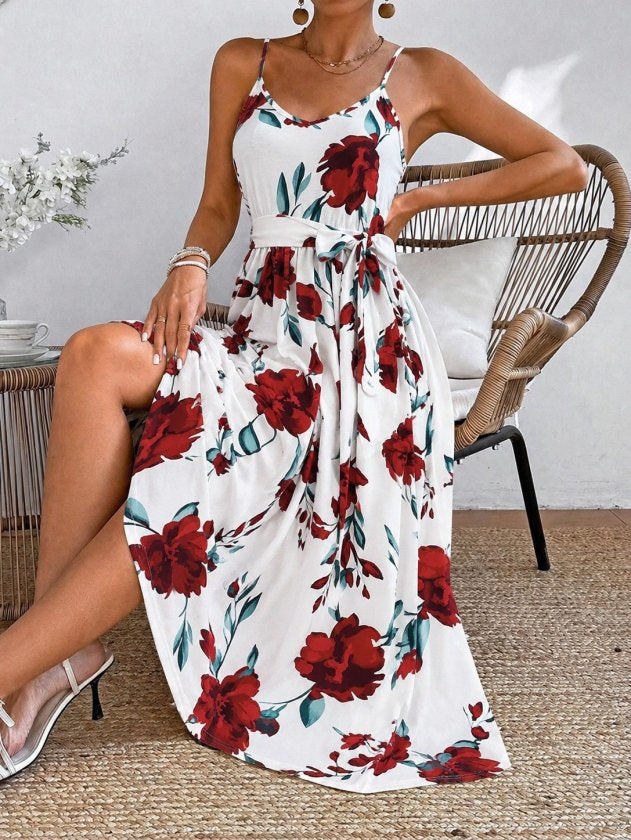 Rochie lungă femininǎ din Super cu model, cu bretele din șnur, guler V, cu cingătură la talie, 36420