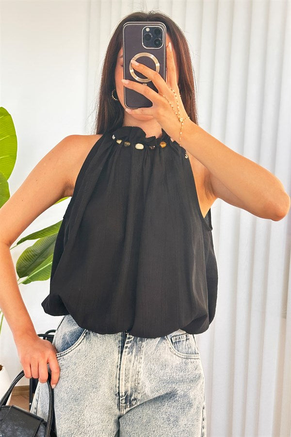 Bluză Negru Balon cu Guler Margele Marfă