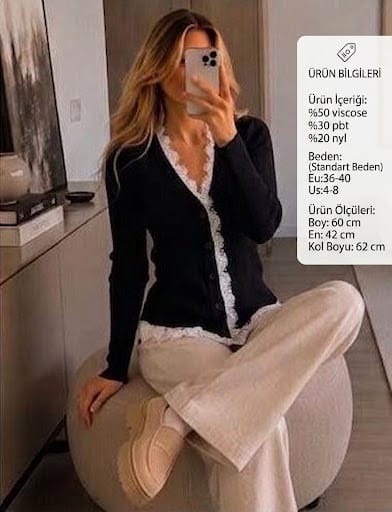 V Yaka Dantel İşlemeli Düğmeli Yumuşak Triko Hırka - Siyah