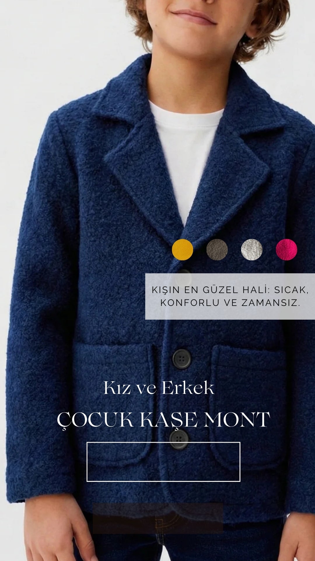 Kız ve Erkek Çocuk Kaşe Mont | Çift Cepli ve Düğmeli | 9–15 Yaş | RG Brand | RG3318 - FUŞYA