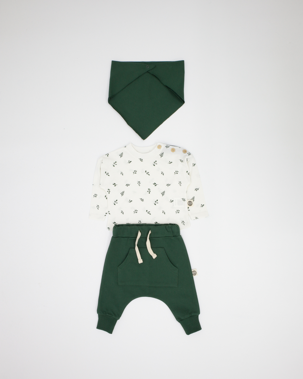 Bebek Doğal Kumaş Kanguru Cepli 3 Parça Set | 0–24 Ay | RG Brand | RG311 - HAKİ