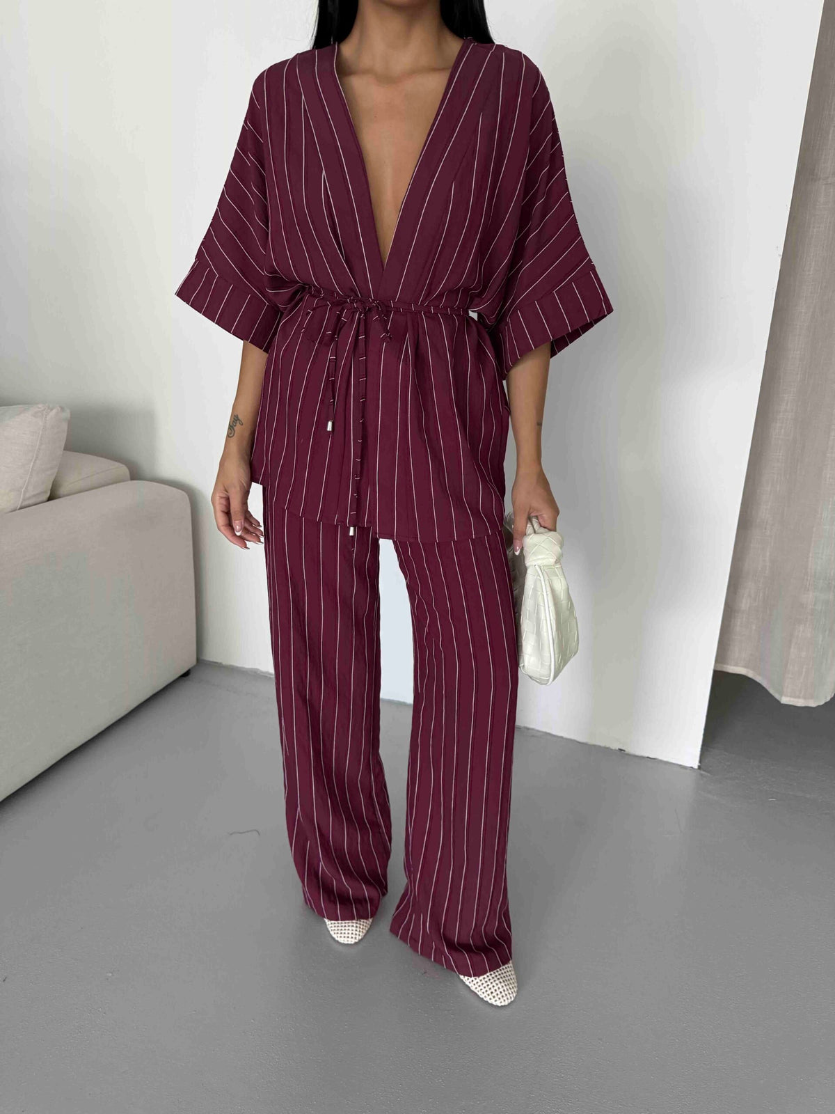 Set Kimono cu dungi - Burgundy