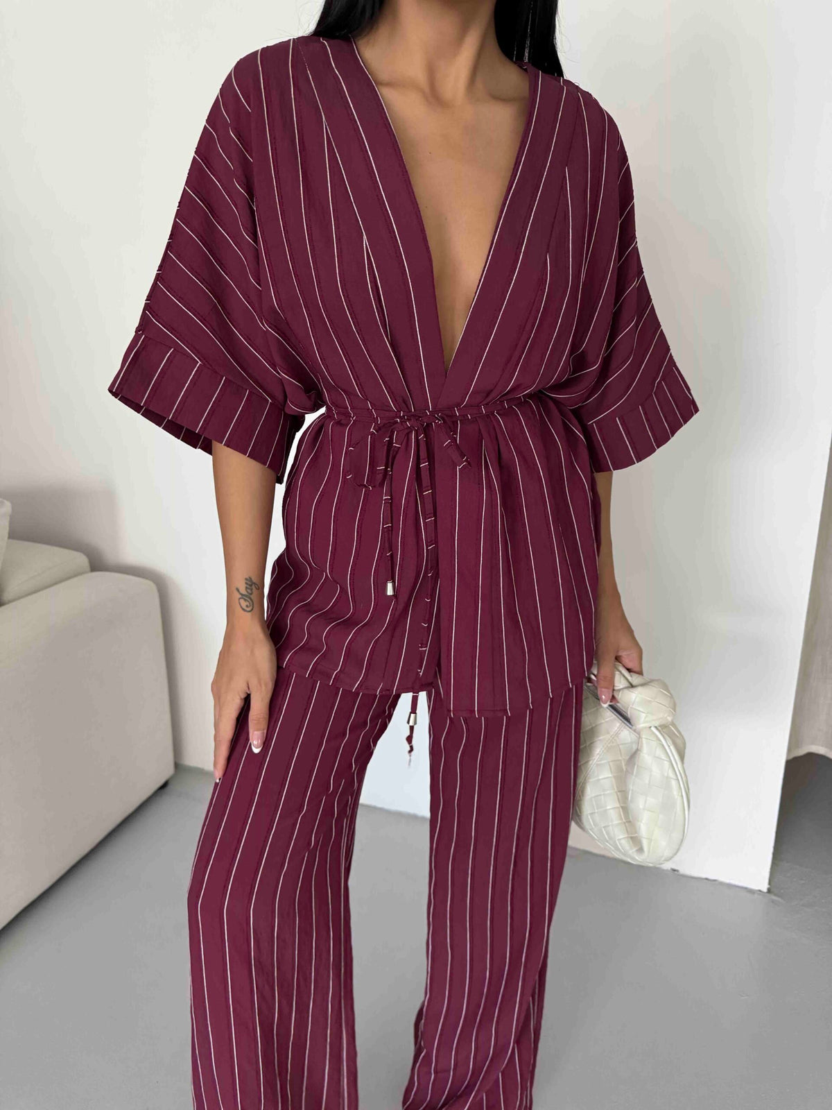 Set Kimono cu dungi - Burgundy