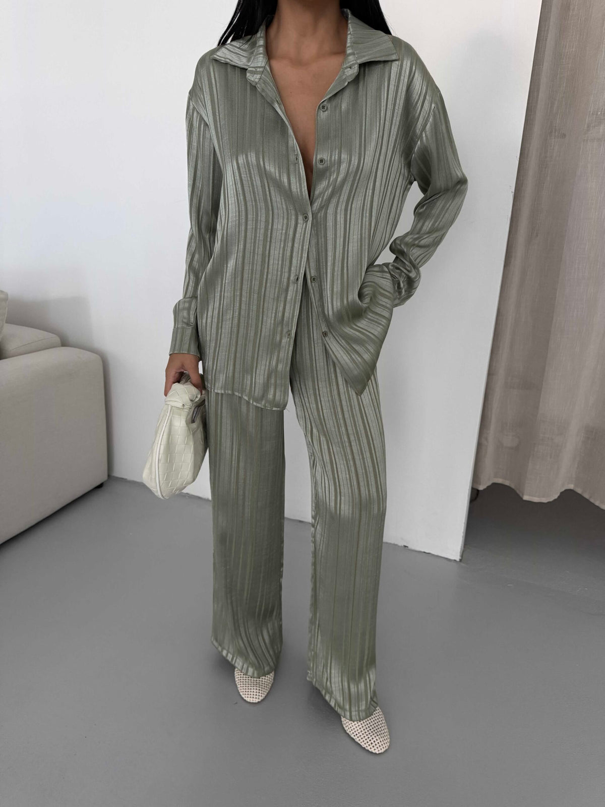 Striped Pattern Satin Set - Green