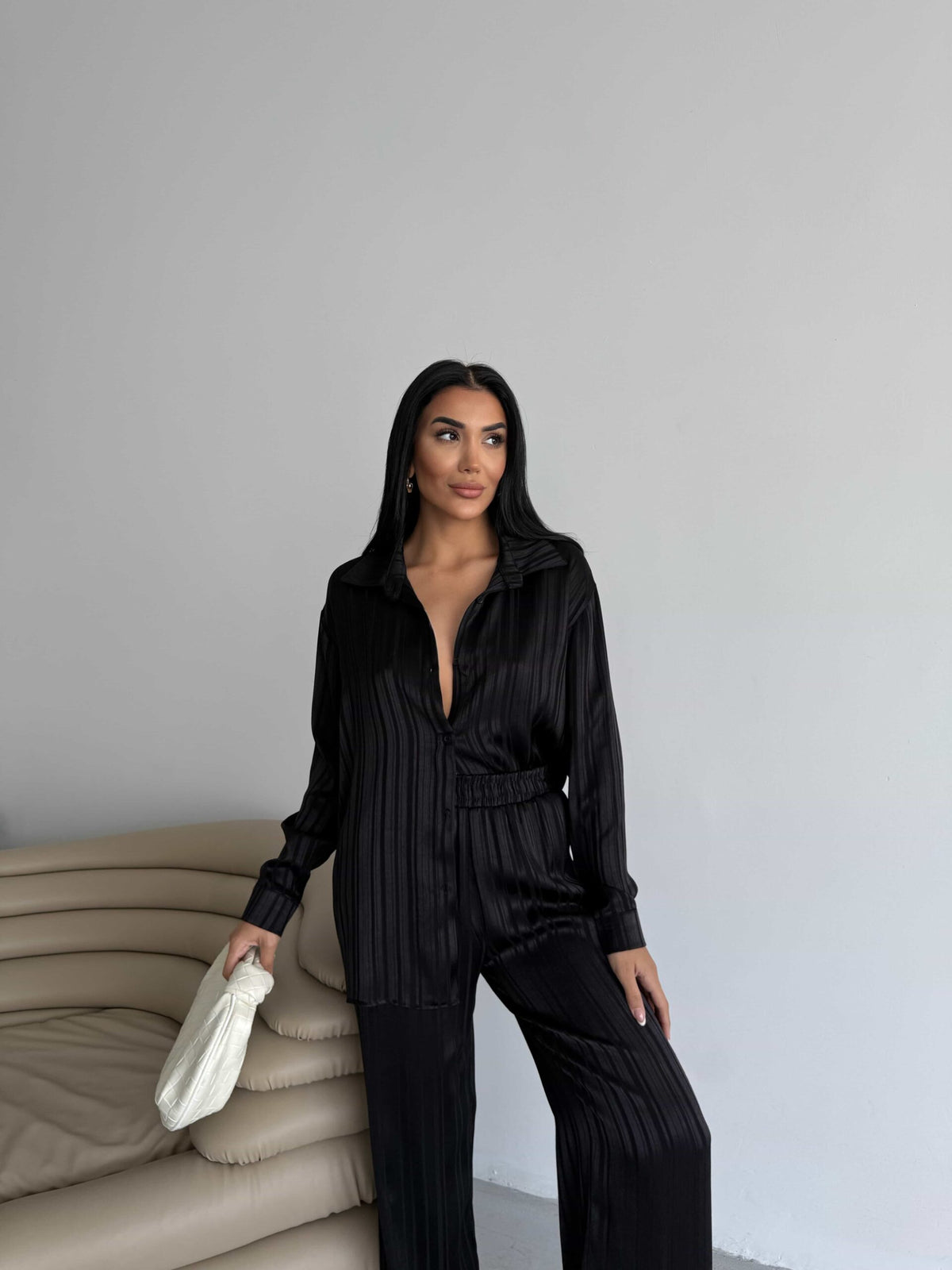 Set satin cu dungi - Negru
