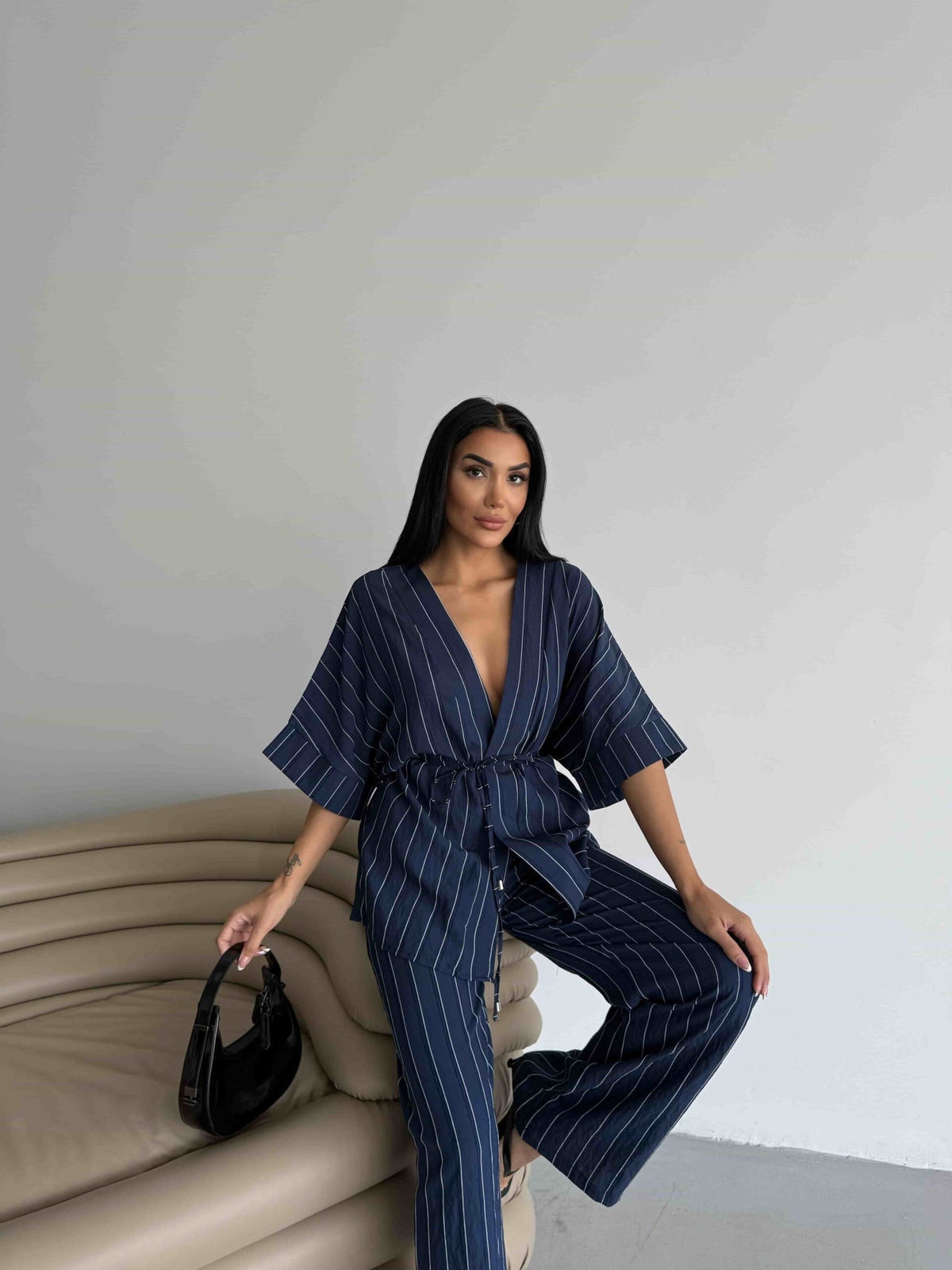 Striped Kimono Set - Navy Blue