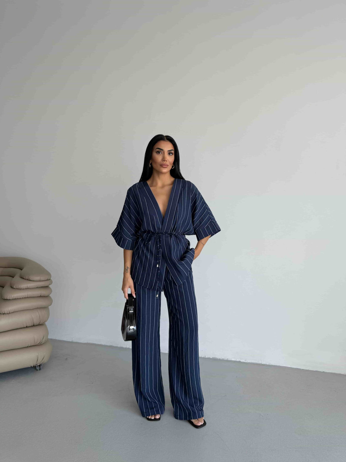 Striped Kimono Set - Navy Blue
