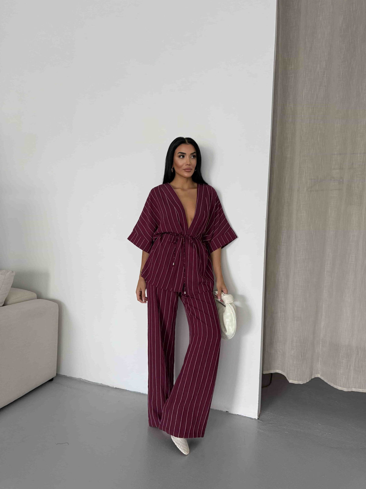 Set Kimono cu dungi - Burgundy