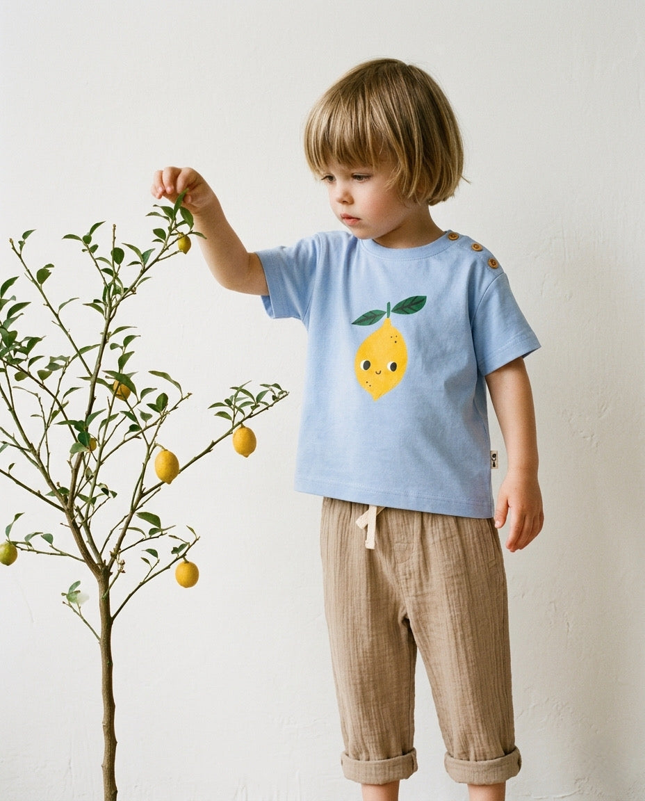 Bebek T-shirt | 6 Ay – 3 Yaş | Ekru & Mavi | Limon Baskı | %100 Pamuk Yazlık | RG386 - MAVİ