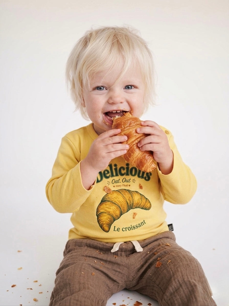 Tricou cu mânecă lungă pentru bebeluși | Imprimeu Croissant | 6 luni - 4 ani | Galben și verde | 100% bumbac | Marca RG | RG392 - GALBEN