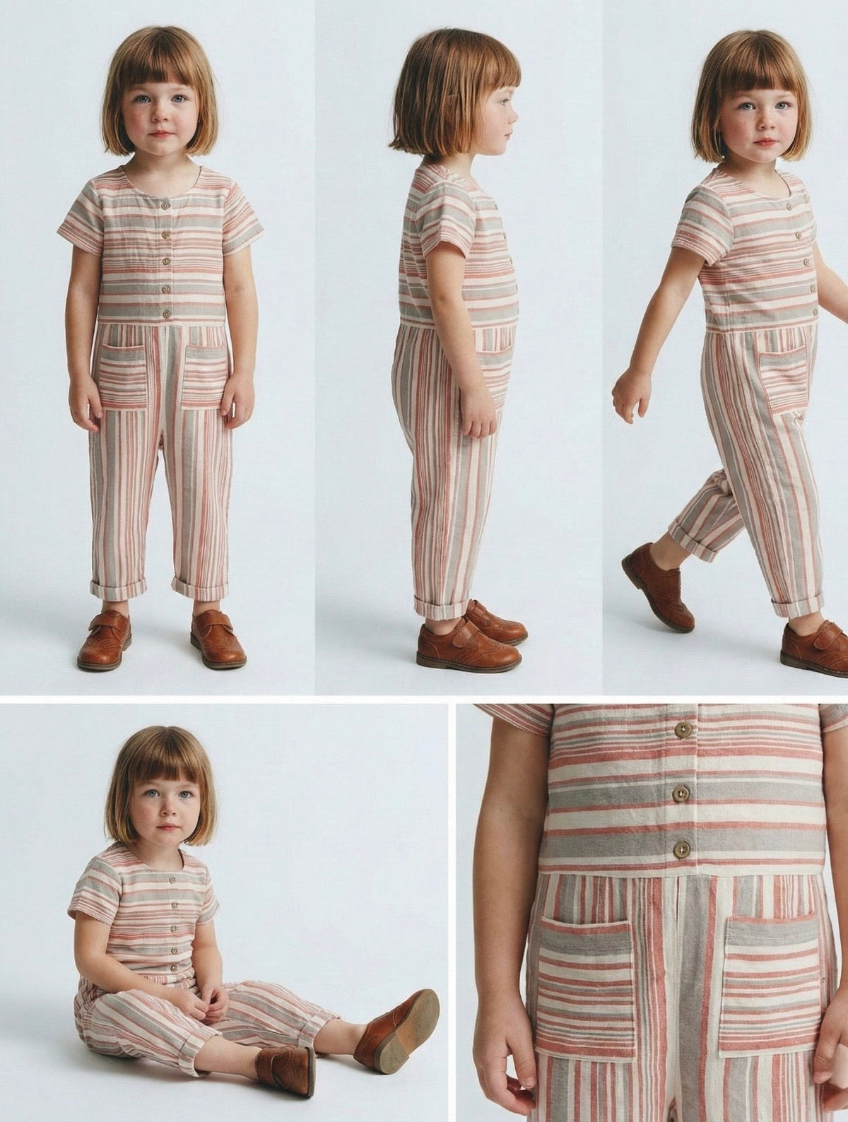 Kız Çocuk Çizgili Keten Karışımlı Tulum | 3–9 Yaş | Doğal ve Hafif | RG Brand | RG1299 - MAVİ