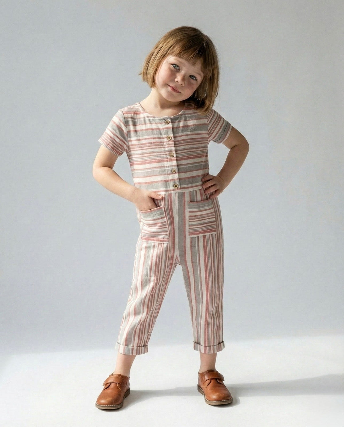 Kız Çocuk Çizgili Keten Karışımlı Tulum | 3–9 Yaş | Doğal ve Hafif | RG Brand | RG1299 - PEMBE