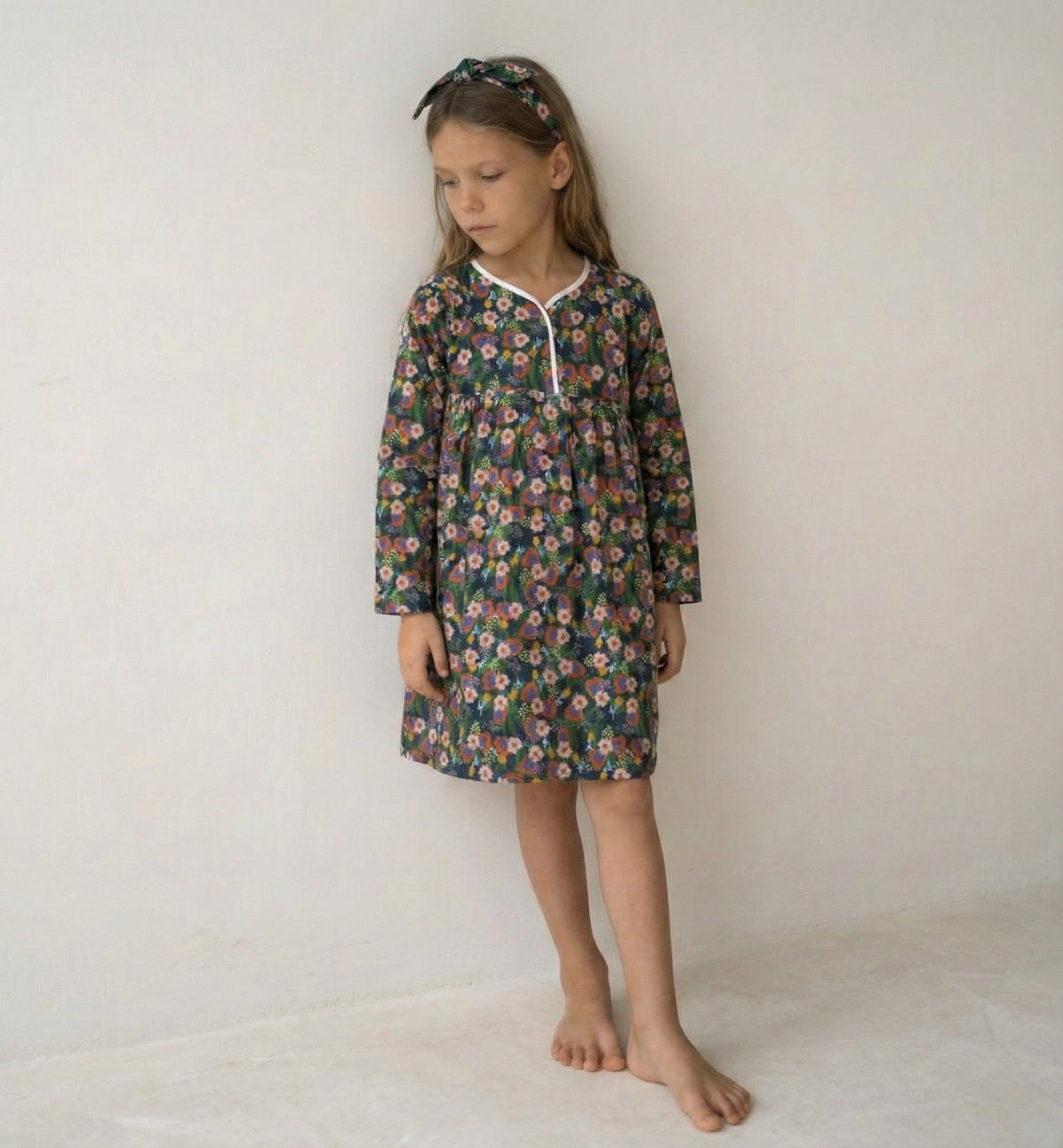 Kız Çocuk Çiçekli Pamuk Elbise ve Fiyonk Toka | 3–9 Yaş | RG Brand | RG1458 - MOR