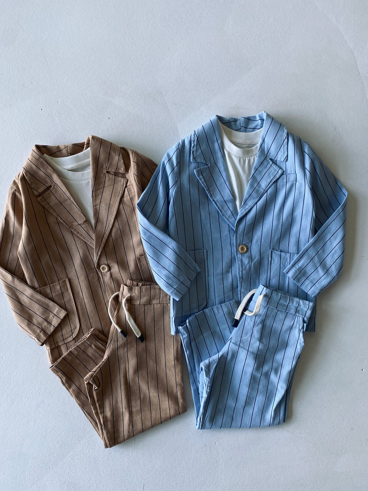 Keten Çizgili Çocuk Takım Elbise | 3–9 Yaş | Ceket Pantolon & T-Shirt 3’lü Kombin | Bayram & Özel Gün | RG1566 - KAHVERENGİ