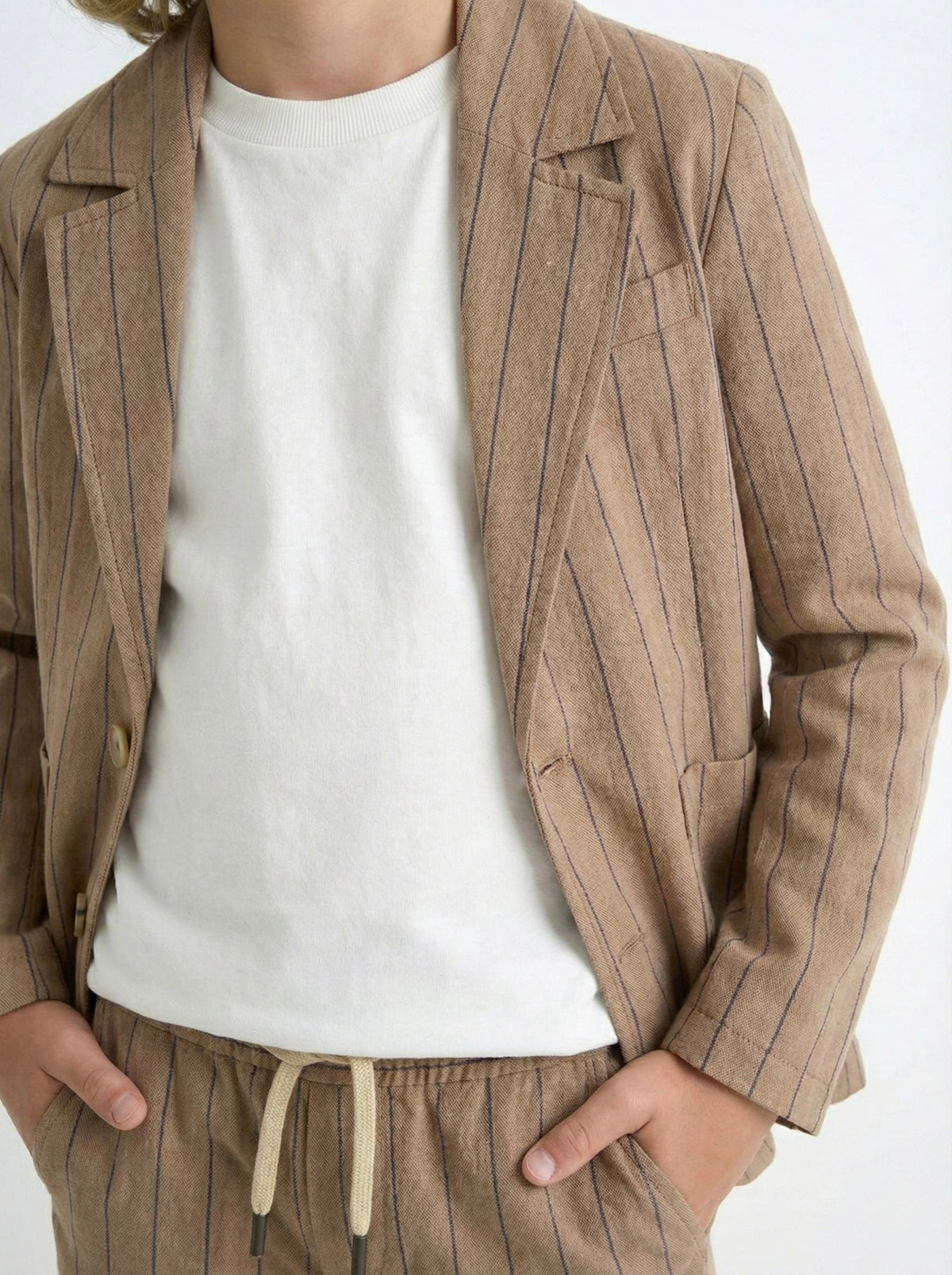 Linen Striped Kids' Suit | Ages 3-9 | Jacket, Pants & T-Shirt 3-Piece Set | Holidays & Special Occasions | RG1566 - BROWN
