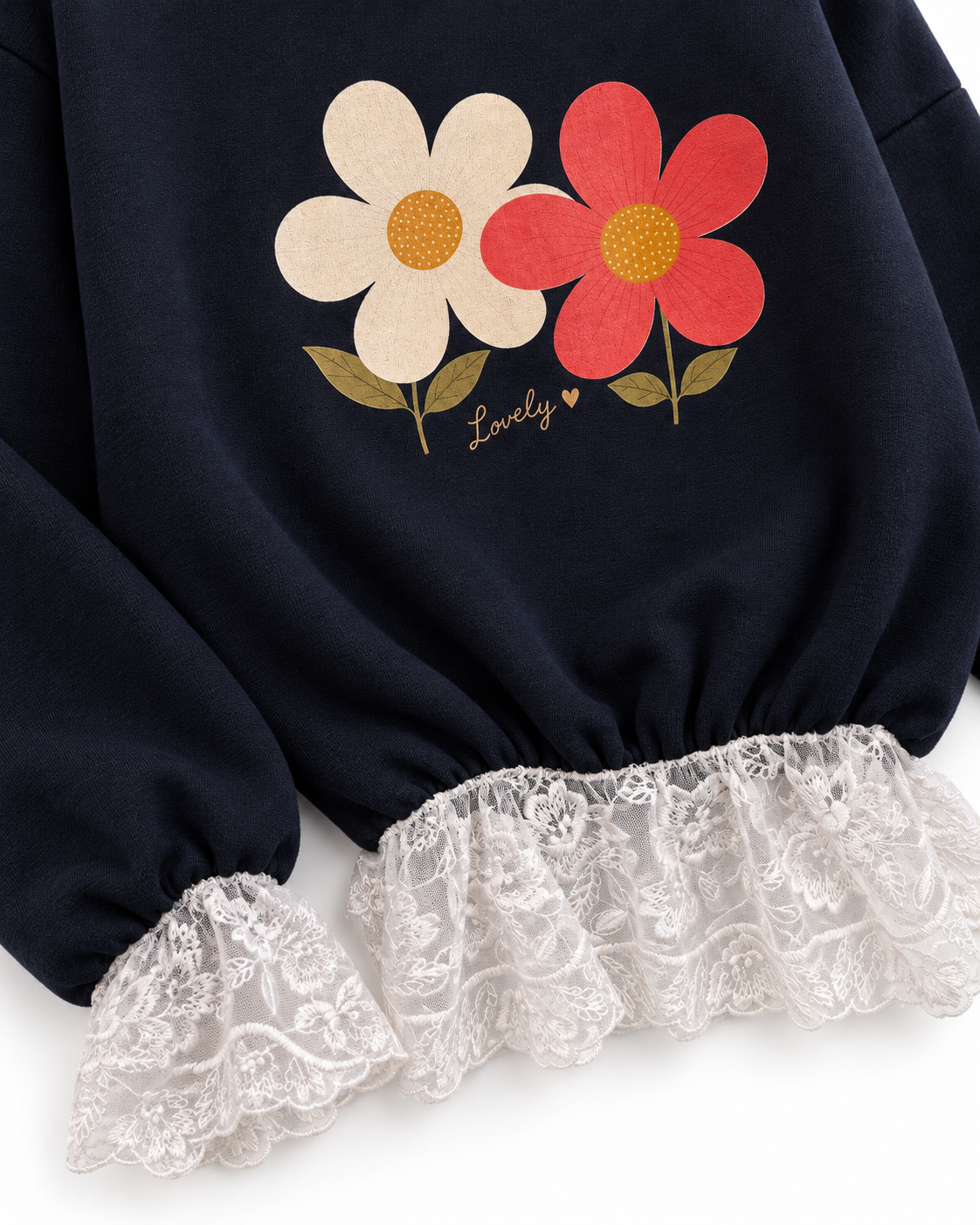 Kız Çocuk Sweatshirt | Papatya Baskılı Dantel Detaylı | 3–9 Yaş | Ekru, Pembe, Lacivert | RG1796 - EKRU