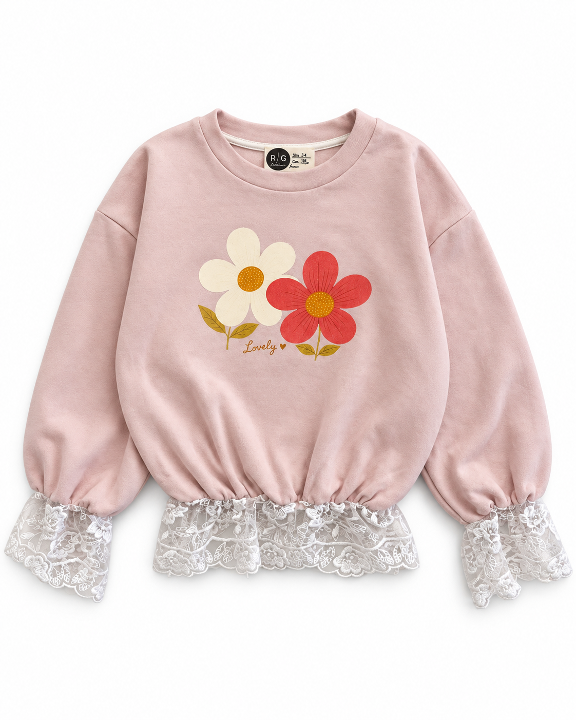 Kız Çocuk Sweatshirt | Papatya Baskılı Dantel Detaylı | 3–9 Yaş | Ekru, Pembe, Lacivert | RG1796 - EKRU
