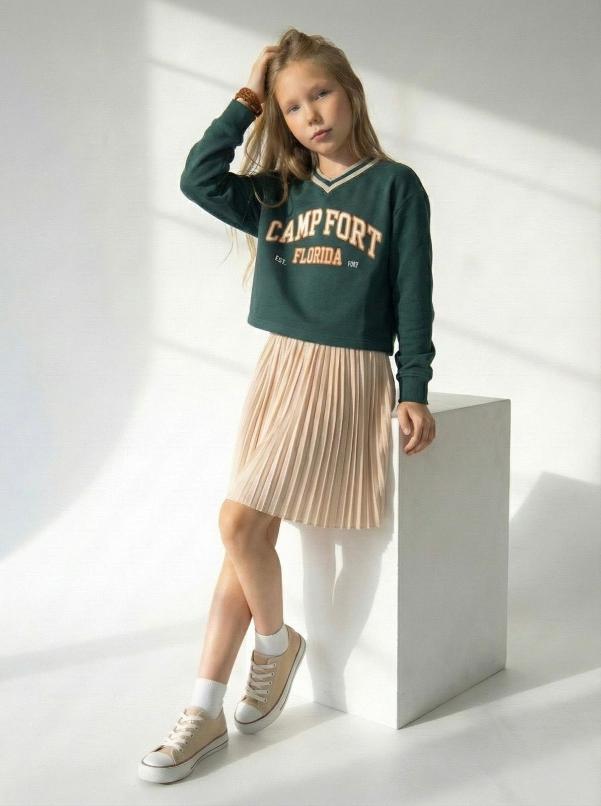 Genç Kız Çocuk Baskılı Sweatshirt ve Piliseli Etek Takım | RG Brand | RG3334 - BORDO