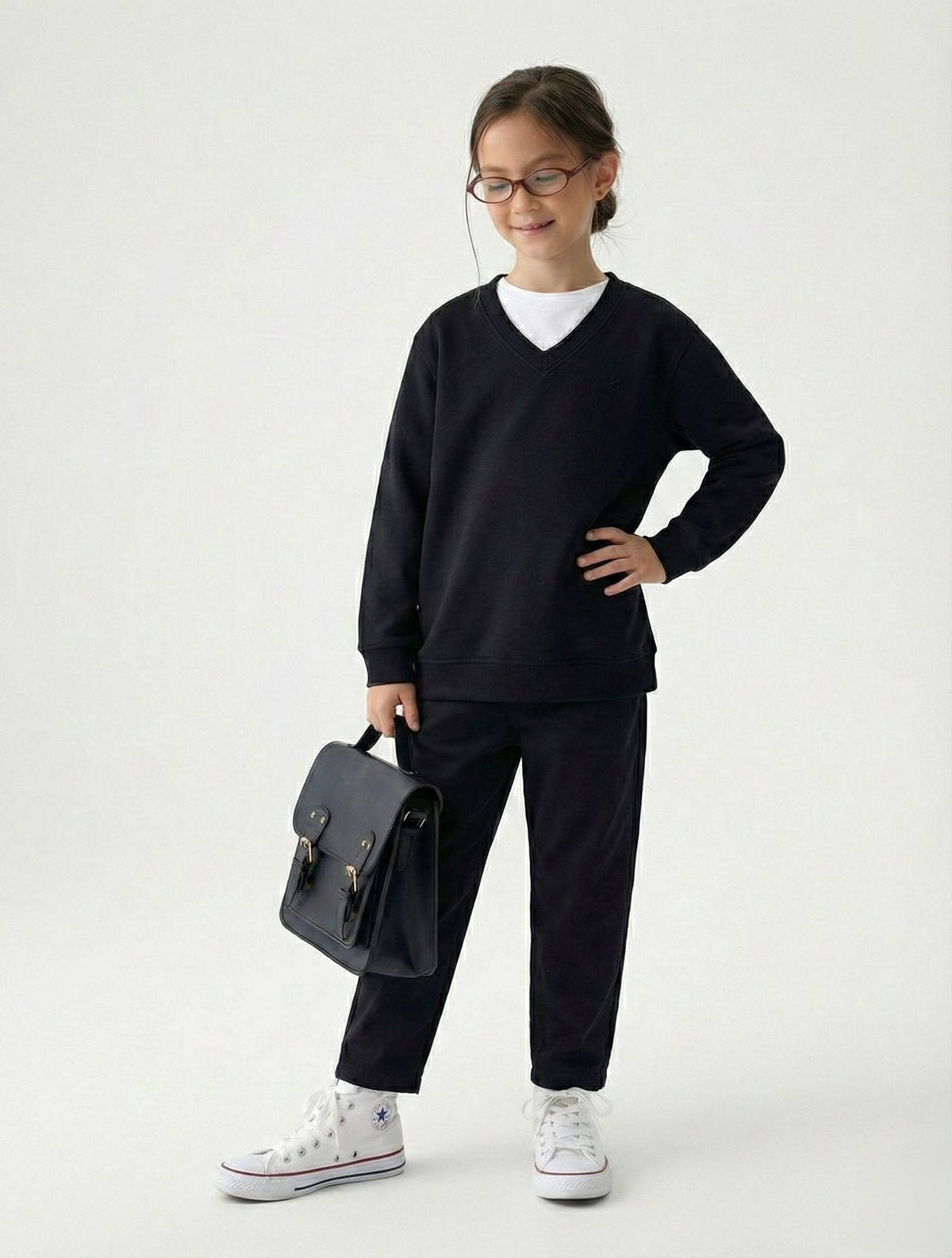 Genç Çocuk V Yaka Triko Old Money Kız & Erkek Kazak 9–15 Yaş | Siyah | RG3365 - LACİVERT