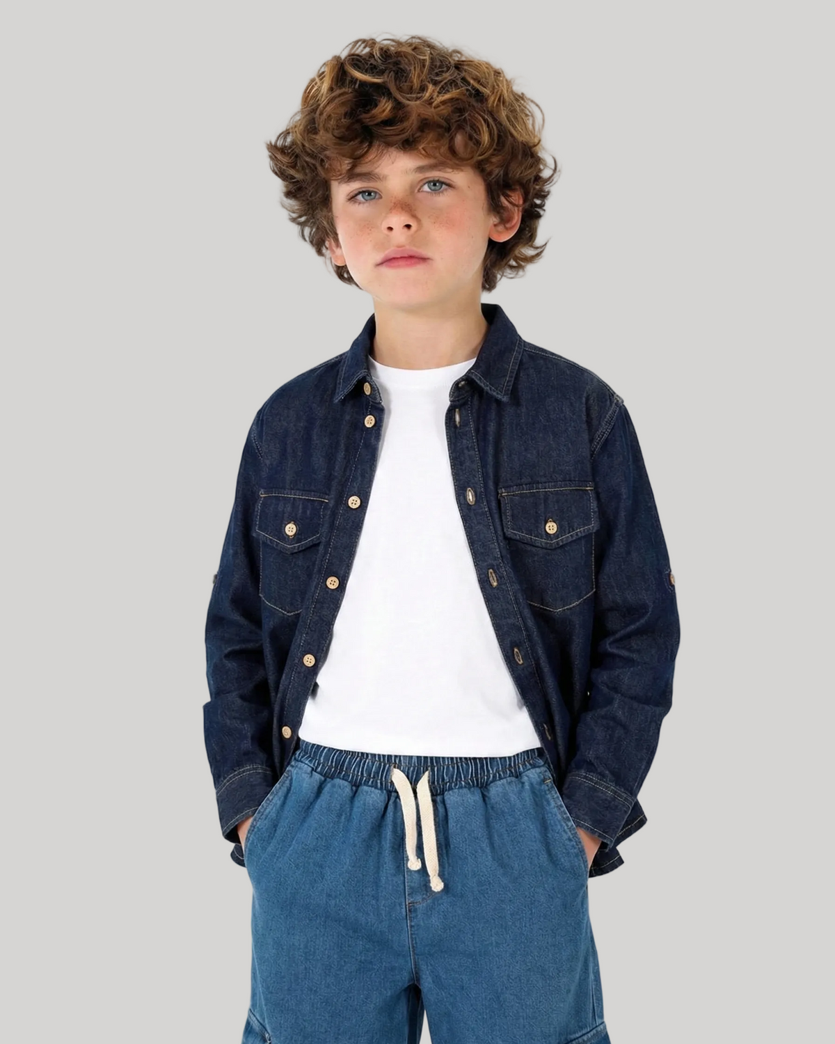 Genç Kot Gömlek | 9–15 Yaş | Mavi, Lacivert | Çift Cepli ve Uzun Kollu | RG Brand | RG3714 - MAVİ