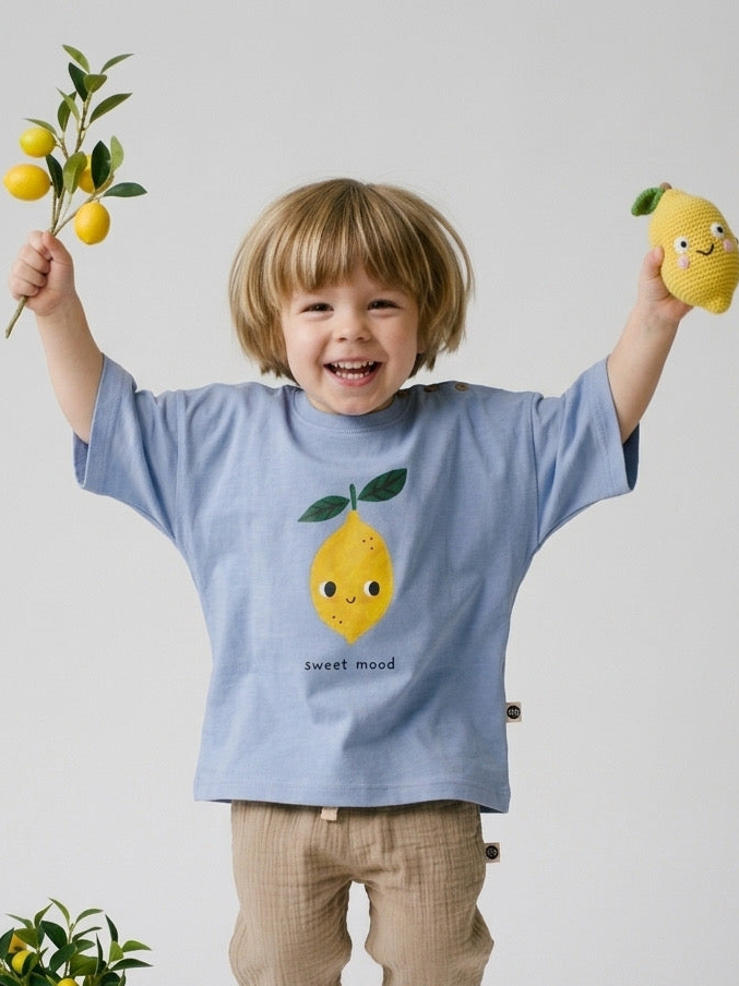 Bebek T-shirt | 6 Ay – 3 Yaş | Ekru & Mavi | Limon Baskı | %100 Pamuk Yazlık | RG386 - MAVİ