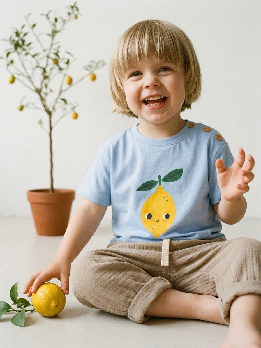 Bebek T-shirt | 6 Ay – 3 Yaş | Ekru & Mavi | Limon Baskı | %100 Pamuk Yazlık | RG386 - MAVİ