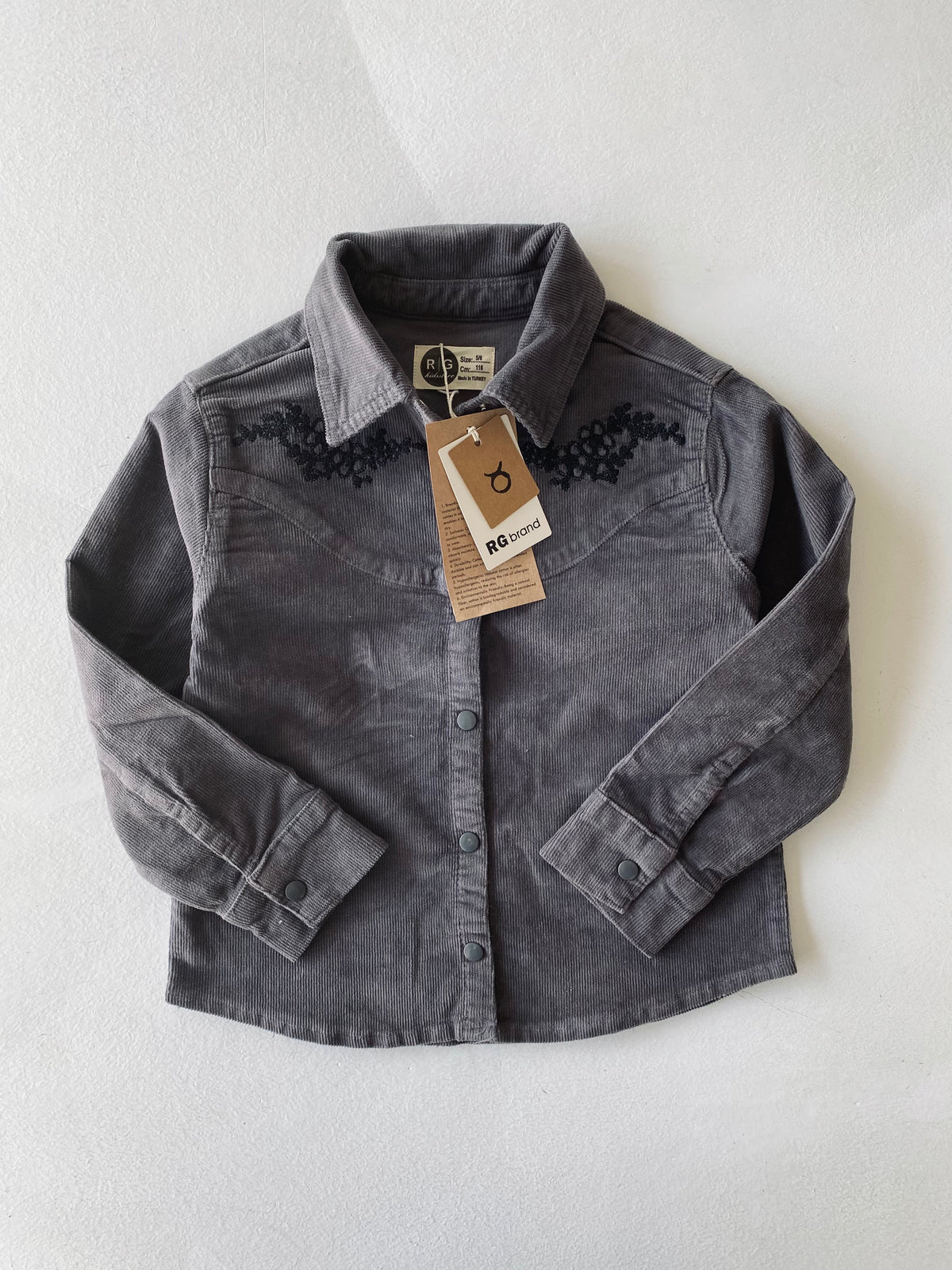 Girls' Velvet Shirt Jacket with Embroidered Details | Ages 5-15 | RG Brand | RG8574 - SMOKE