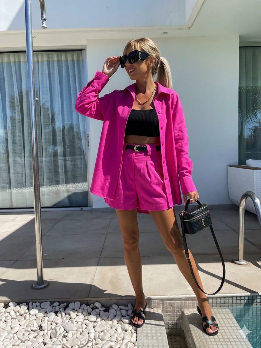 Belt Shirt Shorts Set - Fuchsia