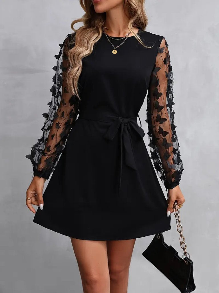 Rochie de damă cu mânecă lungă, guler rotund, mâneci din tul și detalii fluture, rochie din crep importat, 34759