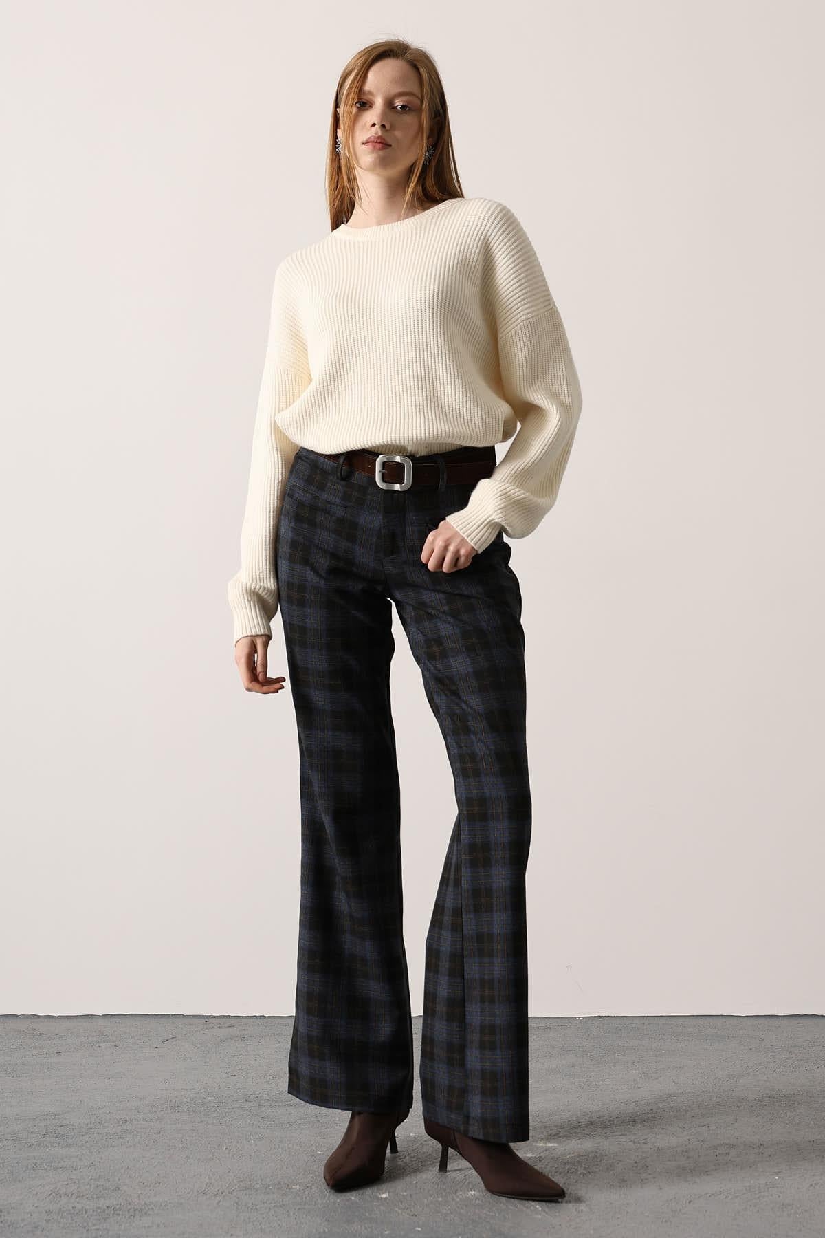 PANTALON CU DESEN ECOZAL ȘI CUREA - Bleumarin
