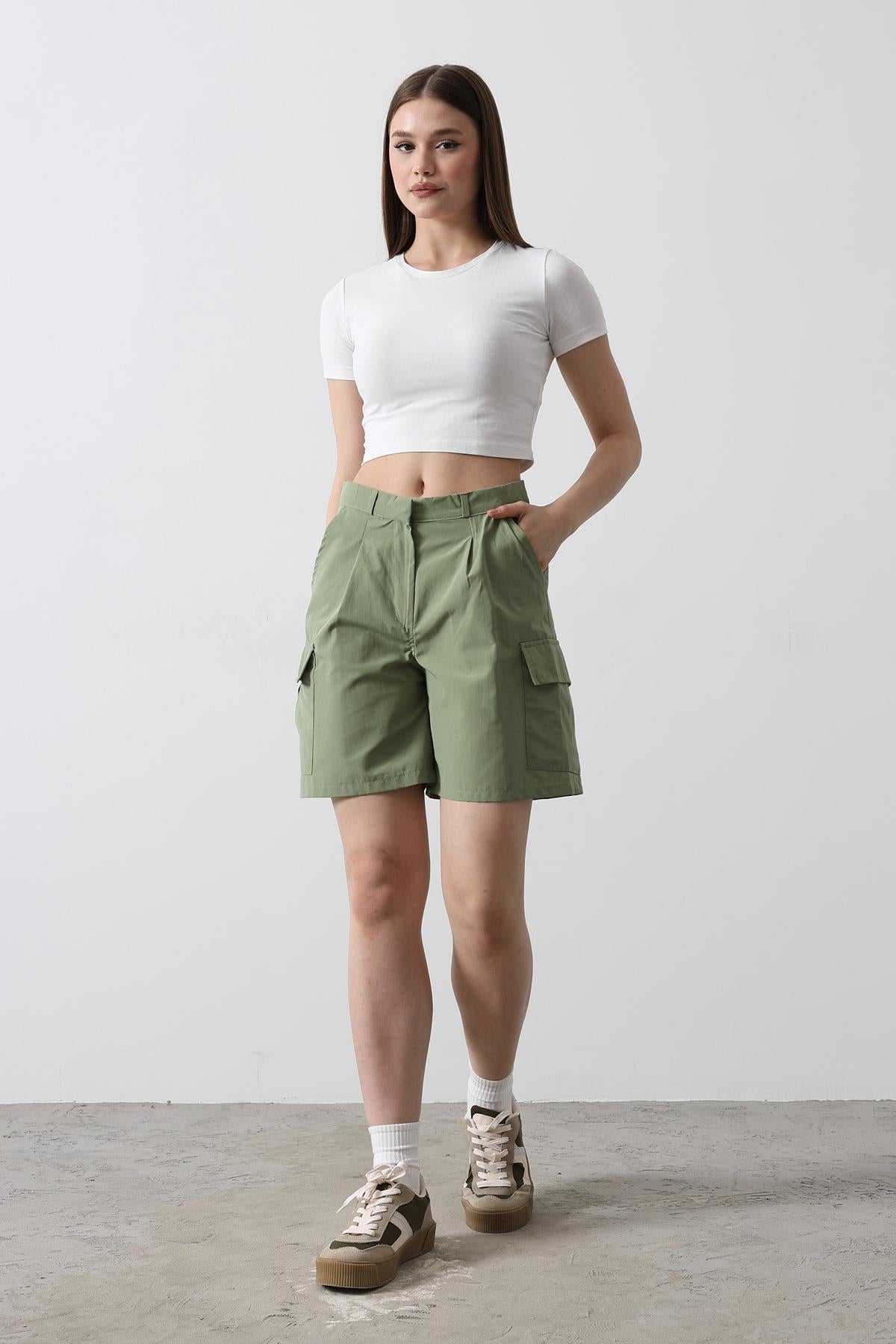 Pantaloni Scurți Cargo cu Buzunare - Cachi