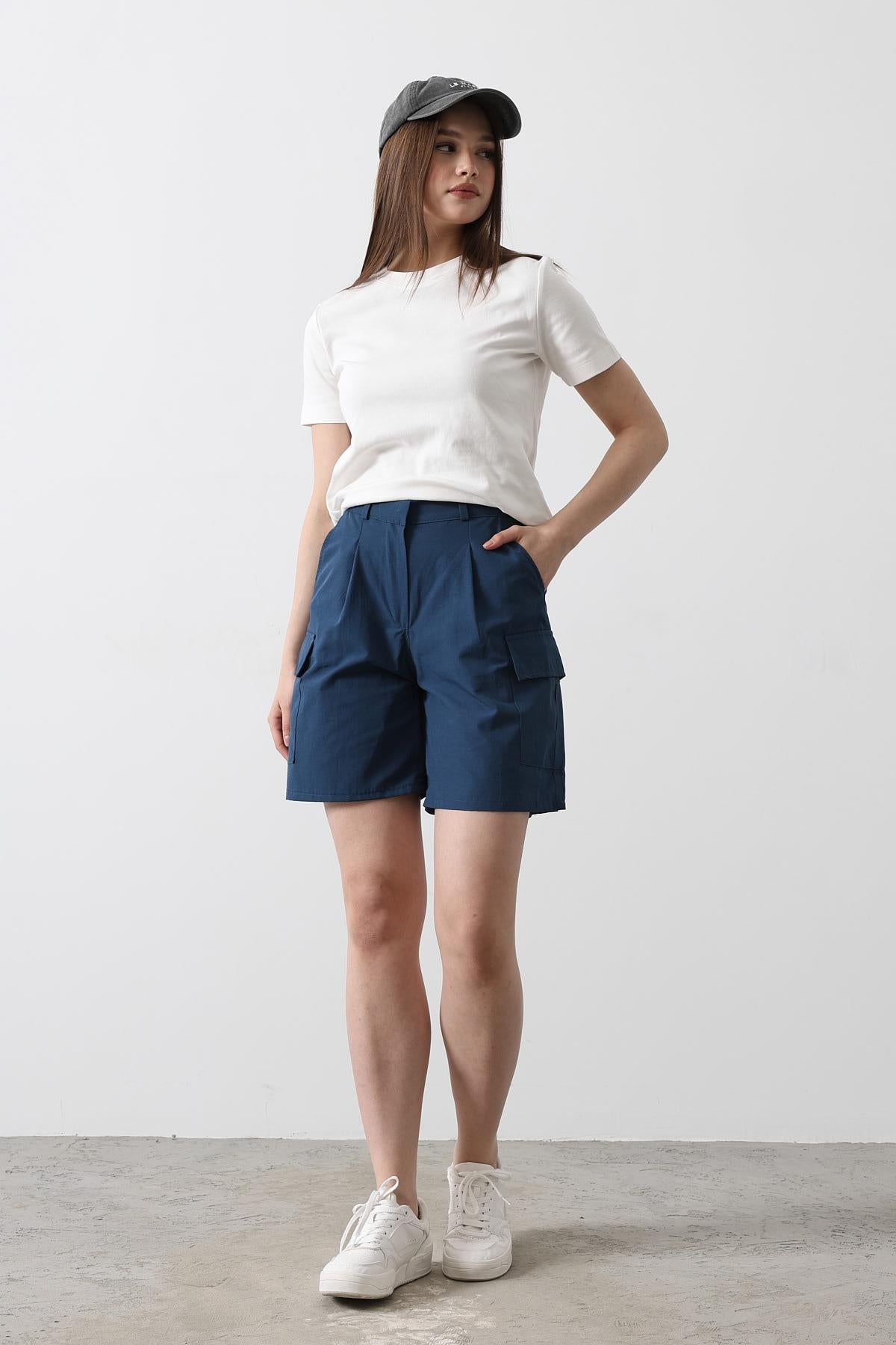 Pantaloni Scurți Cargo cu Buzunare - Indigo