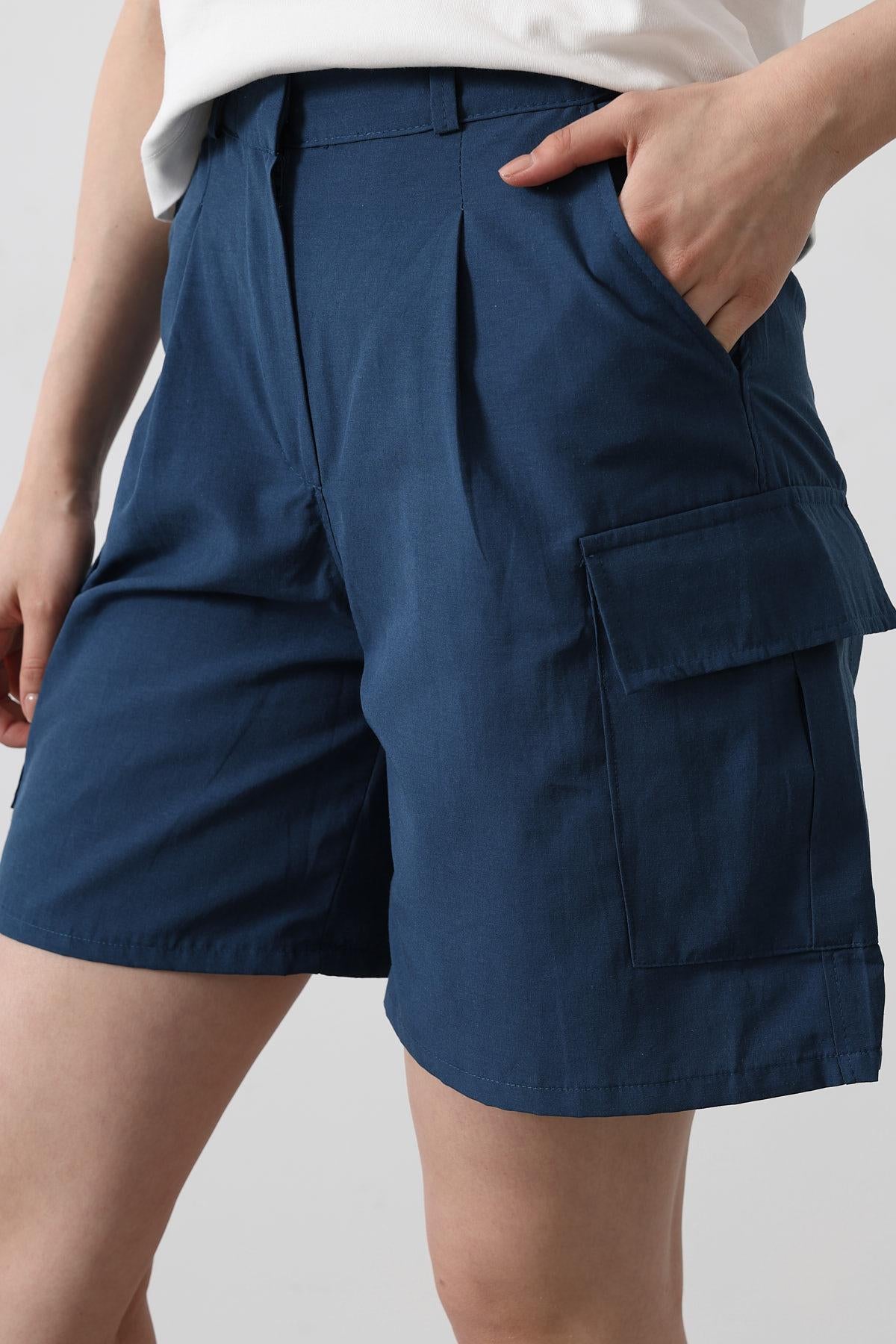 Pantaloni Scurți Cargo cu Buzunare - Indigo