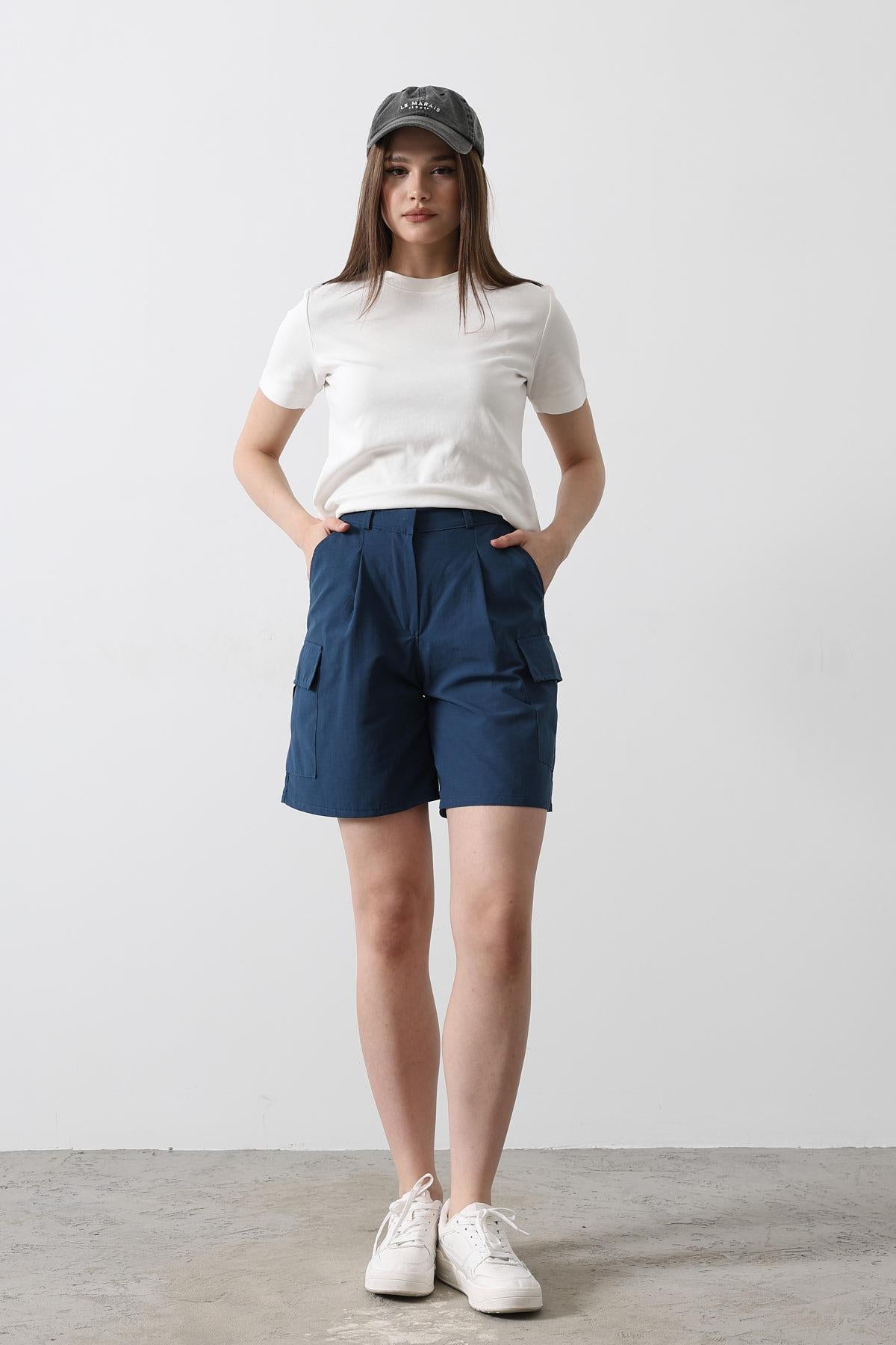 Pantaloni Scurți Cargo cu Buzunare - Indigo